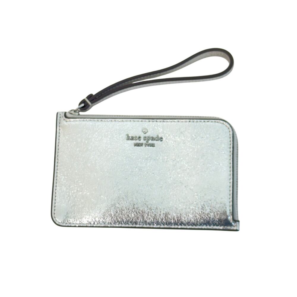 Kate Spade L-Zip Wallet Wristlet Silver Metallic Leather